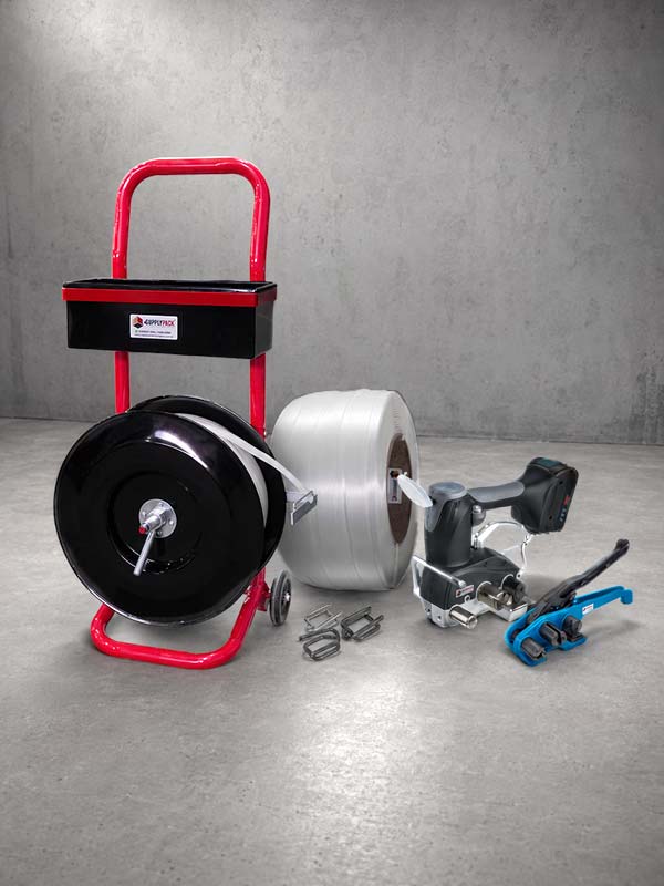 Kit Super Cinta — carrinho desbobinador, bobina, fivelas, arqueador e tensionador